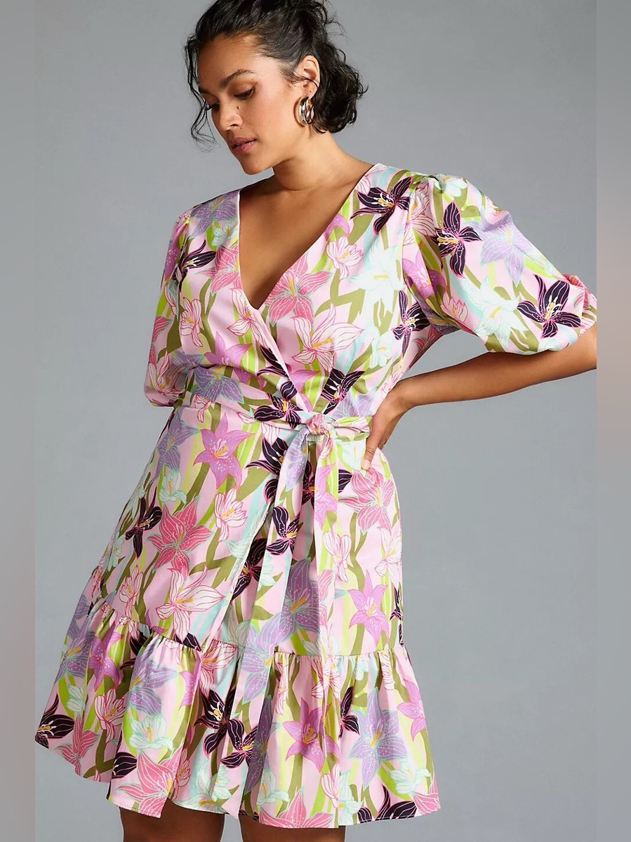 Nwt Anthropologie Hutch Floral Wrap Ruffle Puff Sleeve Mini Dress Medium